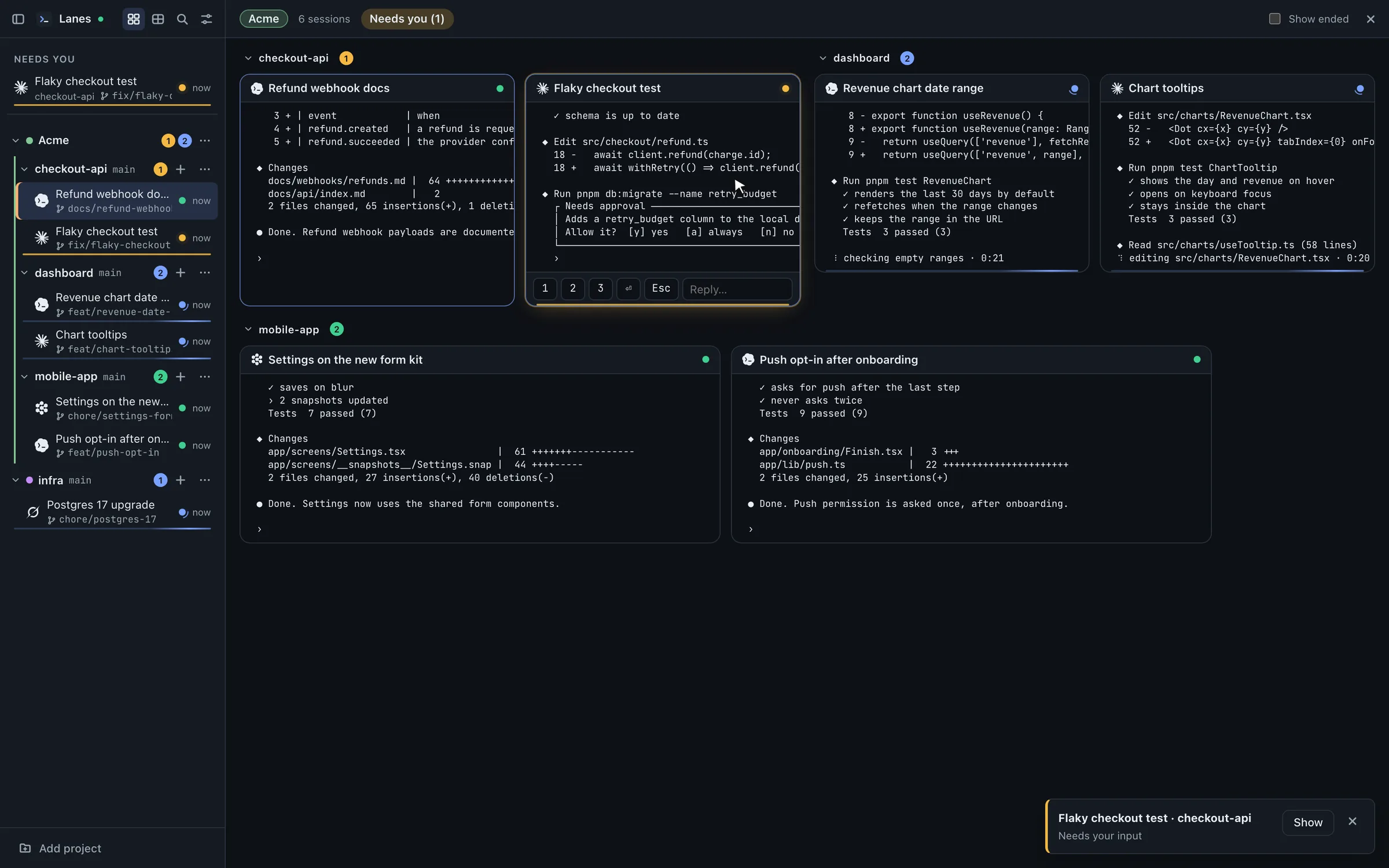 The Acme board: six sessions across checkout-api, dashboard and mobile-app as tiles showing each agent's latest output. The Flaky checkout test tile asks to approve a database migration and shows 1, 2, 3, Enter and Esc keys and a reply box.