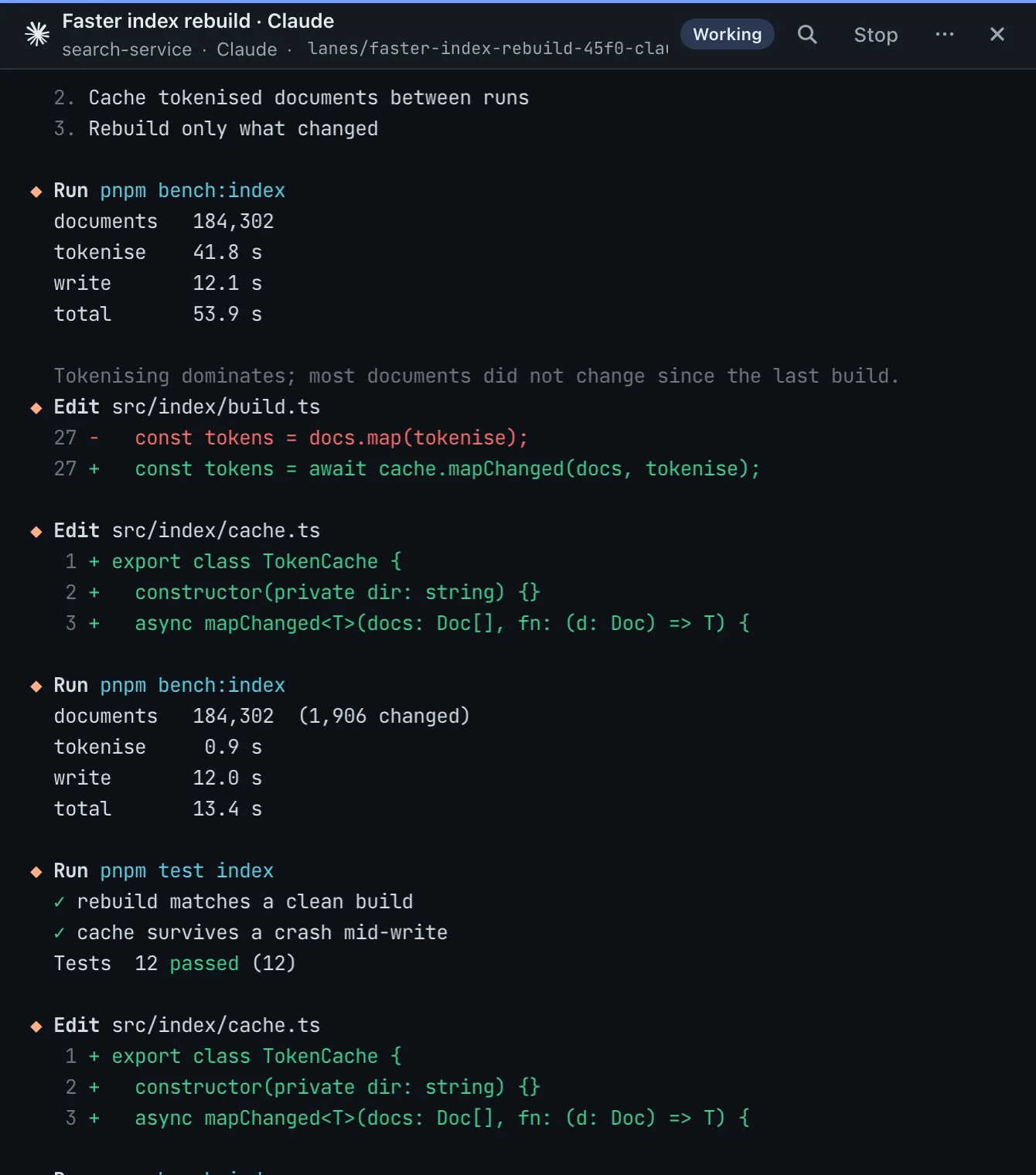 Claude's pane: it caches tokenised documents between runs, on its own branch.