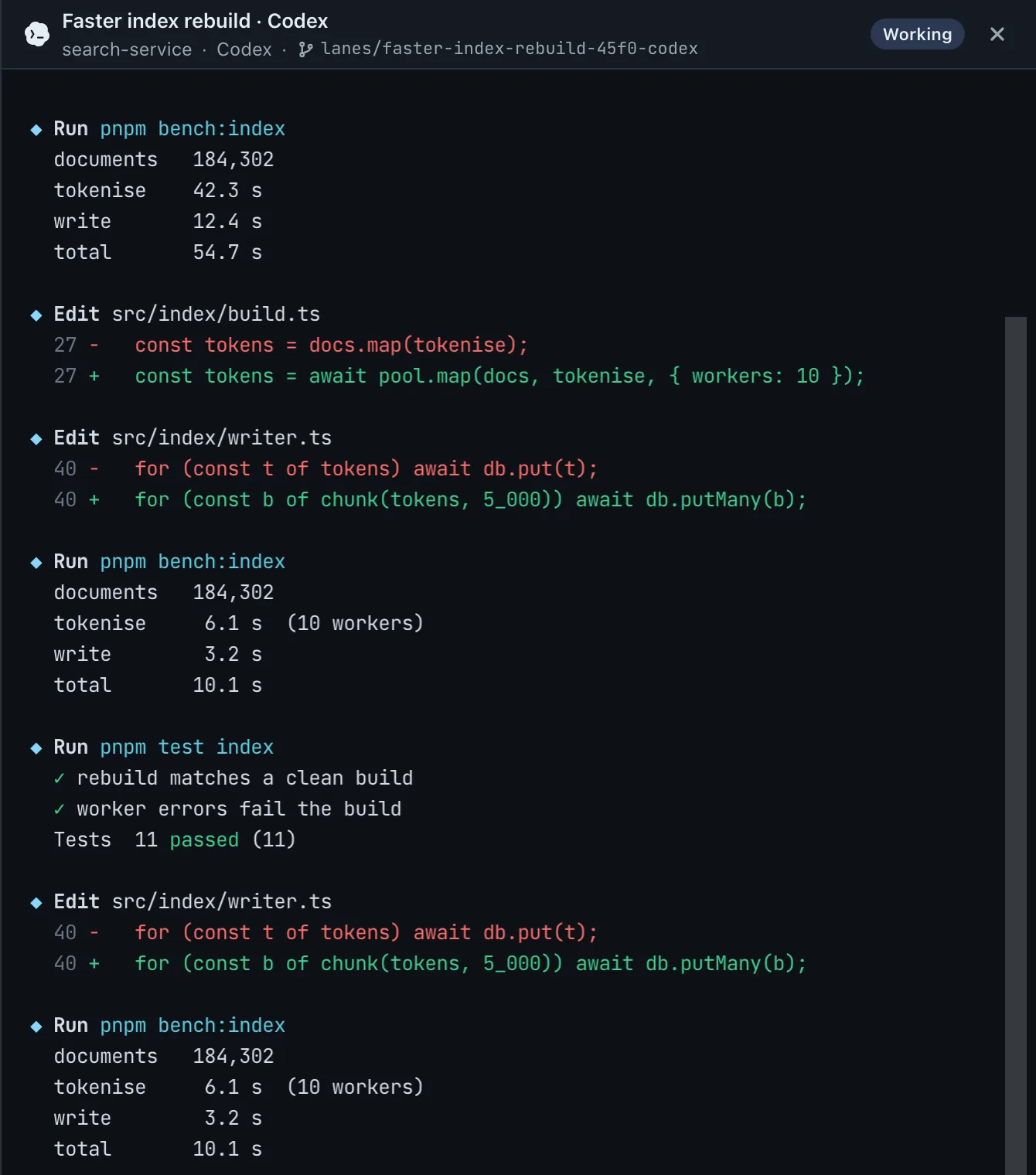 Codex's pane: it tokenises in a worker pool and batches the writes, on its own branch.