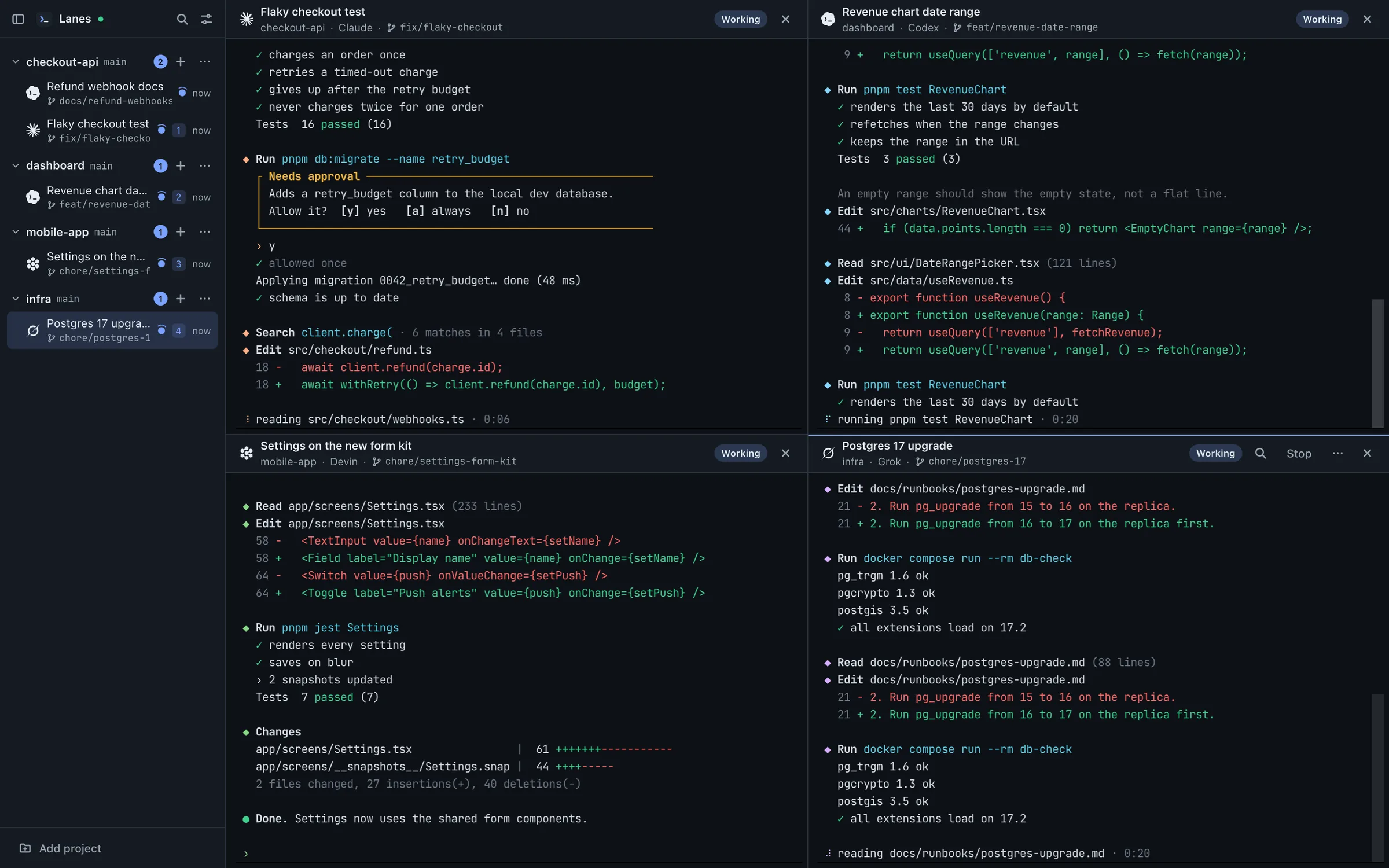 Lanes in split view: four panes in a two-by-two grid, with Claude in checkout-api, Codex in dashboard, Devin in mobile-app and Grok in infra.